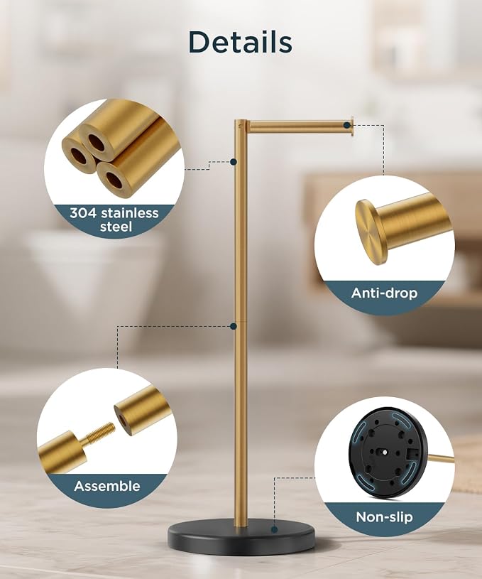 FORIOUS Toilet Paper Holder Stand, Modern Free Standing Tissue Roll Holder for Bathroom, Durable SUS 304 Stainless Steel and Weighted Base, Storage for 4 Rolls (Matte Black & Brushed Gold, 23.2" H)