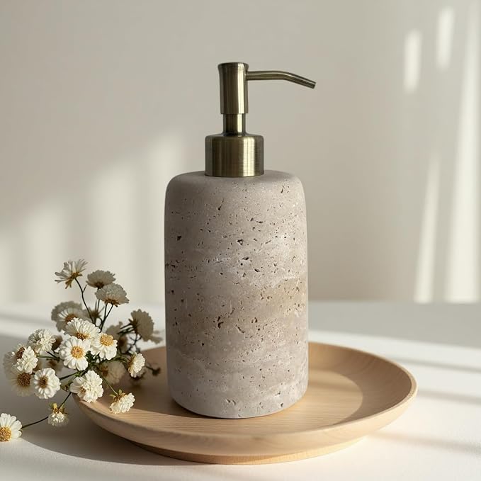 Natural Marble Vintage Stone Refillable Bathroom Liquid Dispenser 165ml Lotions Soap Container Stainless Steel Pump Head (Beige Travertine)