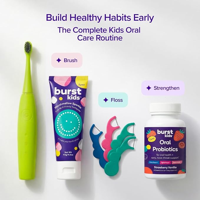 Burst Kids & Toddlers Electric Toothbrush (Green) | Soft Bristles | Two Minute Timer | Rechargeable Battery | Easy-Grip Silicone Handle | 2 Modes for Healthy Smiles | Ages 3+