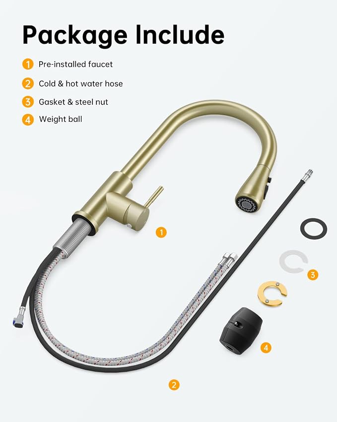 Hiqufet Vintage Kitchen Faucet, Pull Down Sprayer, Brushed Gold | Easy Install, 360 Swivel, 3 Spray Modes, SUS304 Stainless Steel, High Arc, Fits RV/Laundry/Bar Sinks, High Arc, Lead-Free