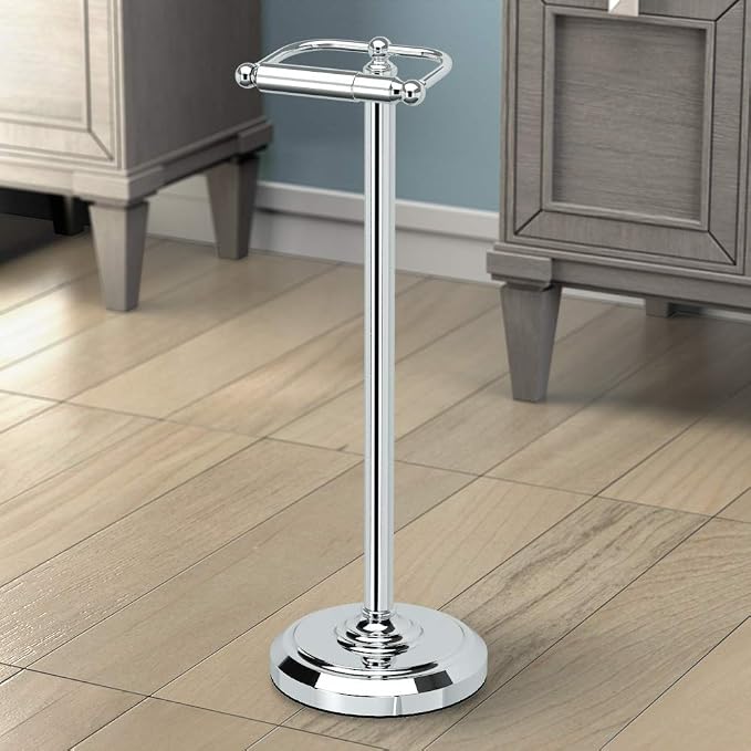 Gatco 1436C Toilet Paper Holder Stand, Chrome Finish, Freestanding Bathroom Floor Stand, Pedestal, Weighted Base, 22 Inch