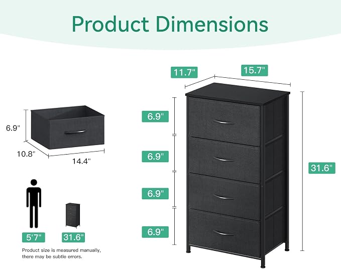 AODK Small Dresser for Bedroom with 4 Storage Drawers, Black | Dressers Chest of Drawers Fabric Dresser with Sturdy Steel Frame, Dressers for Closet with Wood Top