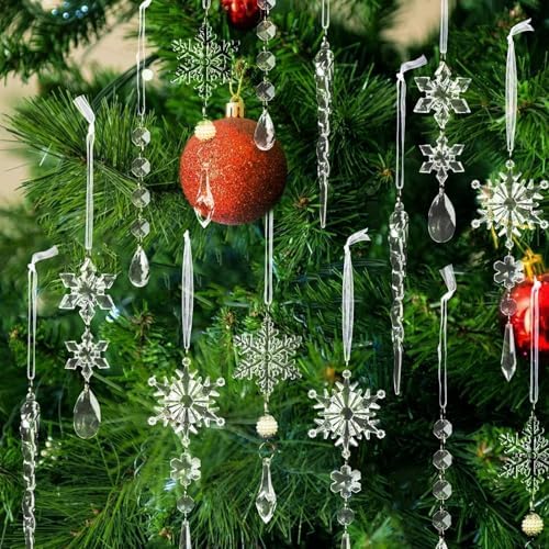Crystal Christmas Tree Ornaments, Clear Acrylic Snowflake & Icicle, 32pcs