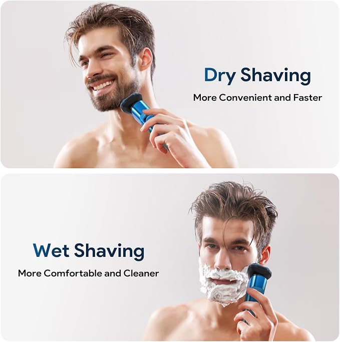 Electric Razor for Men, Rechargeable Waterproof Men Electric Shaver, Wet & Dry Shaving with Cordless Beard, Nose Hair Trimmer, 1 Hour Fast Charging (Blue)