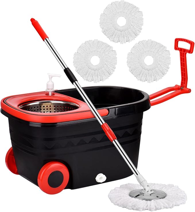 Spin Mop and Bucket with Wringer Set on Wheels, 3 Mop Refills, 61" Handle | 360° Spinning Mop System with Stainless Steel Extended Handle & 3 Microfiber Refills for Floor Cleaning