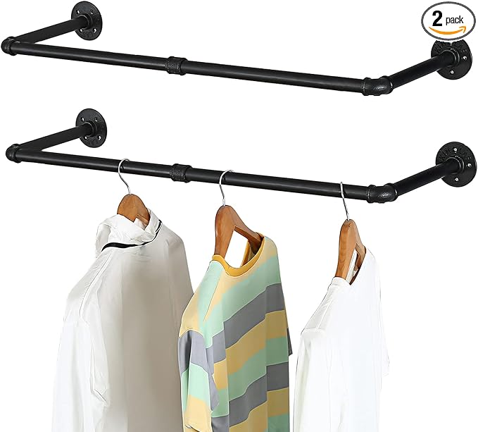 Oroonoko 2PCS 36inch Industrial Pipe Clothes Rack Wall Mount For Hanging Rod Bar for Laundry Room Plant Hanger Indoor Up to Max Load 132lbs Black (36 inch(2 Packs))