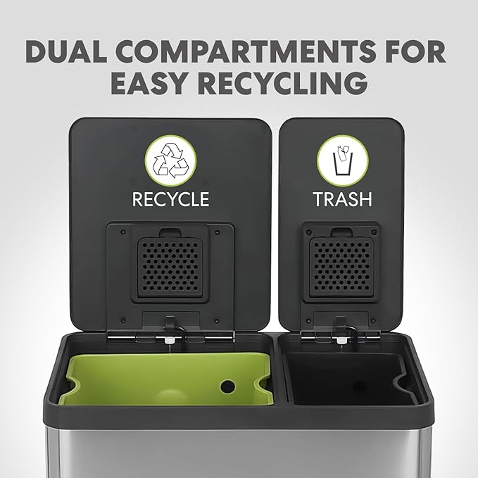 60 Liter / 16 Gallon Rectangular Hands-Free Dual Compartment Recycling Kitchen Step Trash Can with Soft-Close Lid, Brushed Stainless Steel (38L x 22L Capacity)
