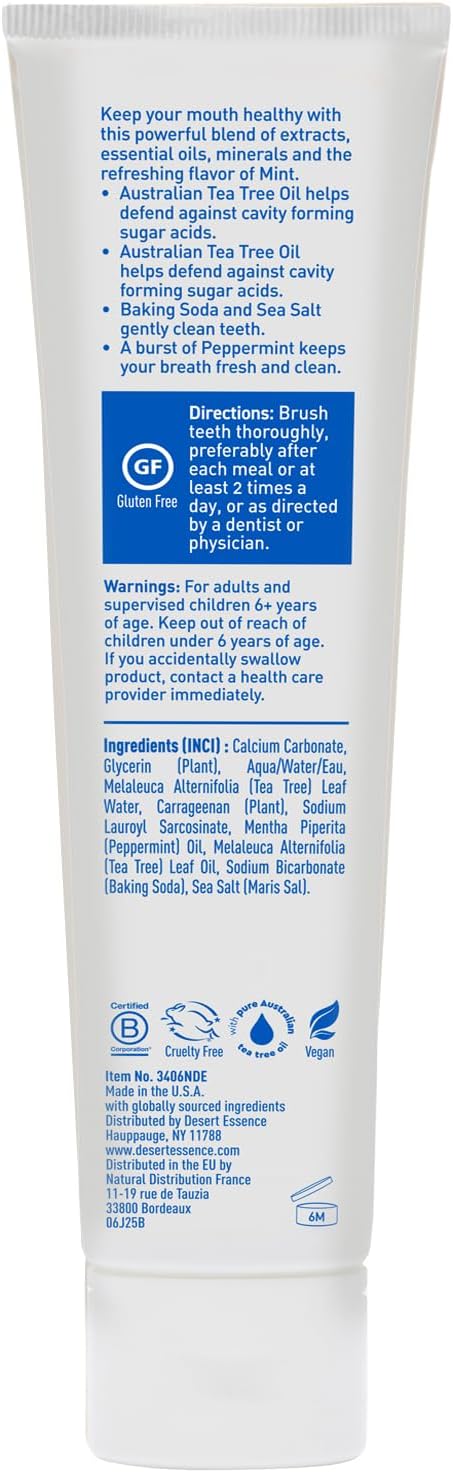 Desert Essence Tea Tree Oil Mint Toothpaste, Fluoride Free, 6.25 oz | Baking soda and sea salt help clean teeth and reduce surface buildup; SLS-free formula freshens breath