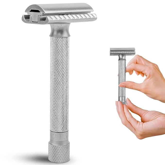 Parker THE VARIANT CLOSED COMB - ADJUSTABLE Double Edge Safety Razor, Customize your Shave with a Turn of the Dial from Mild to Aggressive - 5 Blades Included (SATIN CHROME) | Closed-Comb Head And Five Adjustable Settings Let Users Customize Comfort An...