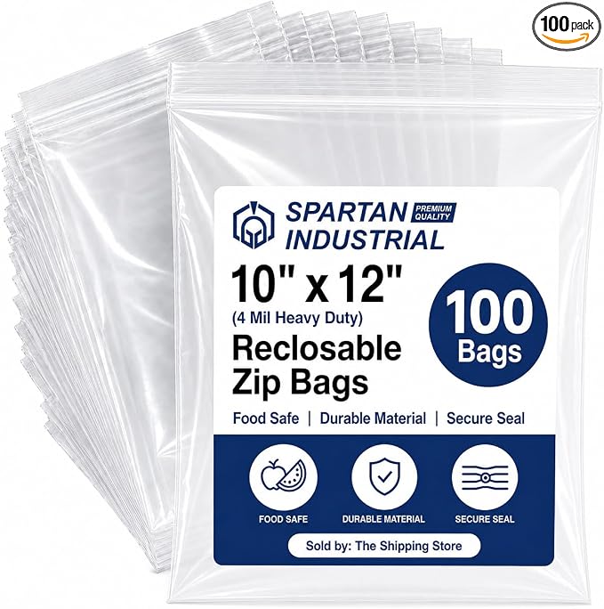 Spartan Industrial - 10” X 12” (100 Count) 4 Mil Thick Clear Reclosable Zip Plastic Poly Bags with Resealable Lock Seal Zipper - Heavy Duty and Durable