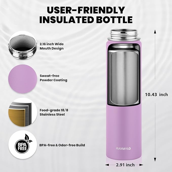RAYMYLO Insulated Water Bottle 24 oz, Triple Wall Vacuum Stainless Steel (Cold for 24Hrs, Hot for 12Hrs), Leak Proof & Non-BPA, Modern Water Flask Jug with Paracord Handle & Straw Spout Lids