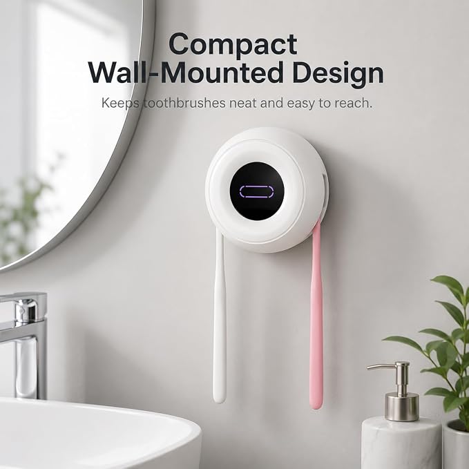 Upgraded Toothbrush Holder, UV & Heated Drying Wall Mounted Toothbrush Cleaner, Aesthetic Tooth Brush Holder for Bathroom Fits Most Toothbrushes, Auto-Cycle Electric Organizer, for Family
