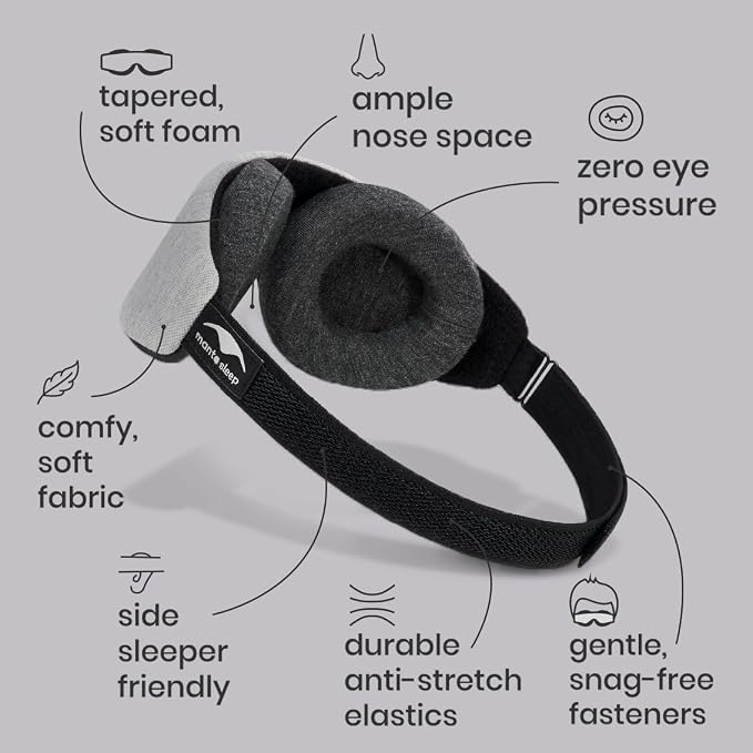 Manta Slim Sleep Mask – Ultra-Light Blackout Eye Mask with Adjustable Eye Cups, Above-the-Ear Elastic Strap, Minimalist Low-Profile Design for Better Rest