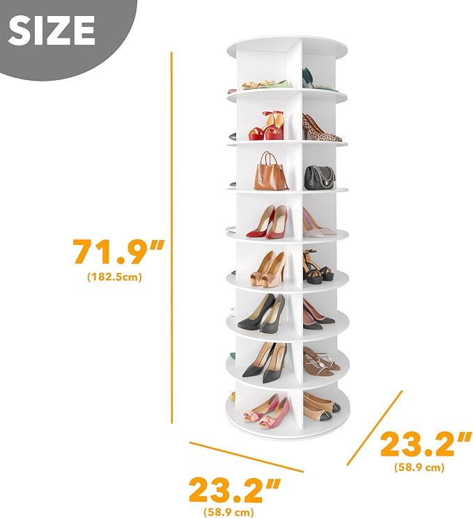 SpaceAid 8 Tier Rotating Shoe Rack Tower, Spinning Shoe Display Lazy Susan, Revolving 360 Shoe Rack Storage Round Carousel, Vertical Handbag Rotate Shoes Closet Organization (8-Tier White)