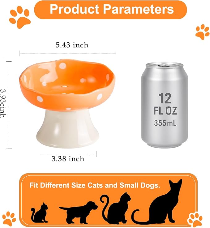 Orange Mushroom Cat Bowl, Elevated Ceramic Bowl for Cats | Elevated, Ceramic, Whisker Friendly, Anti Vomitin,Cute Mushroom Design