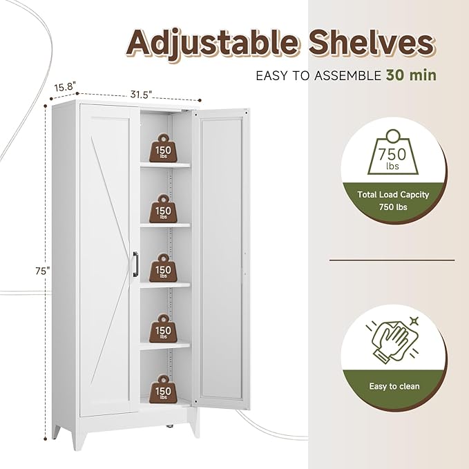 75" H Metal Storage Cabinet with 2 Doors and 4 Shelves,Tall Kitchen Pantry Cabinets,Farmhouse Utility Pantry Organizers for Cupboard/Dining/Bathroom/Home Office/Garage,White