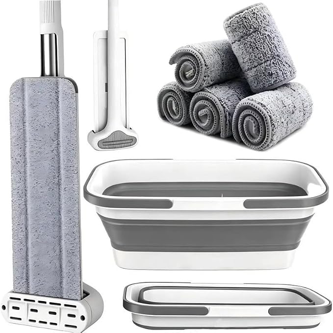 Large Flat Mop and Scalable Bucket with Wheels | 360 Rotating Microfiber Dust Mop, Dewatering Scraper, 54" Adjustable Stainless Steel, 1 Mop 6 Microfiber Pads 1 Bucket