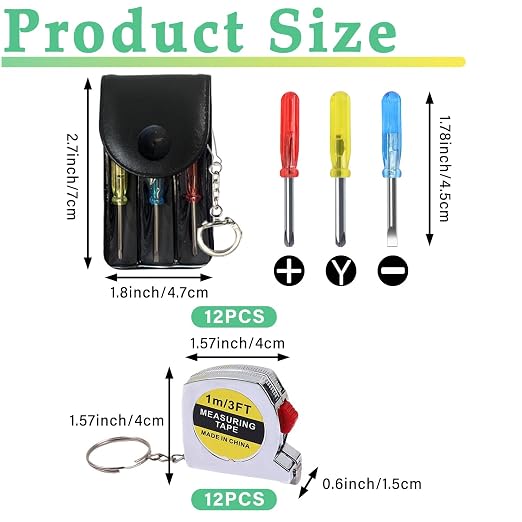 24 Pcs Mini Screwdriver Keychain Tape Measure Keychains Set Keychain Tape Measure Mini Screwdrivers in Pouch Keychain for Birthday Party Favors ，Adult Tool Party Prize for Father's Men Gifts