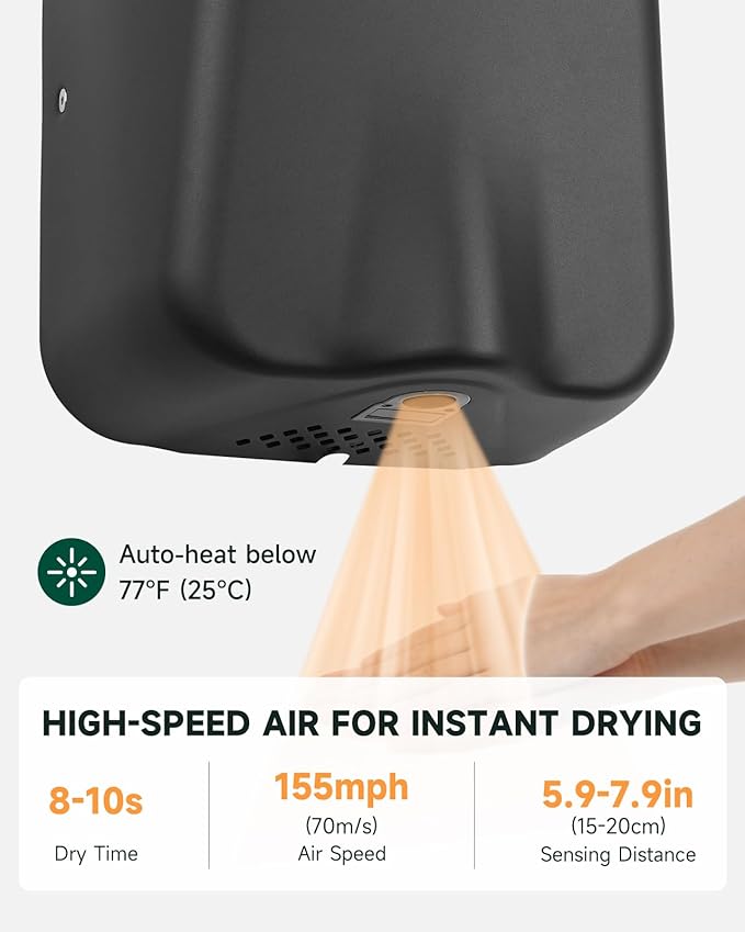 anydry IronStorm Electric Hand Dryers for Bathrooms Commercial HEPA Filter High-Speed Matte Black Stainless Steel Cover AC 100–130 V~