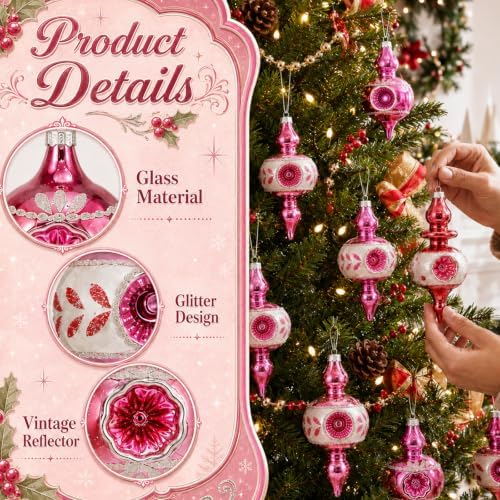 Soulchen 8 Pcs Vintage Glass Christmas Ornaments Pink Reflector for Tree