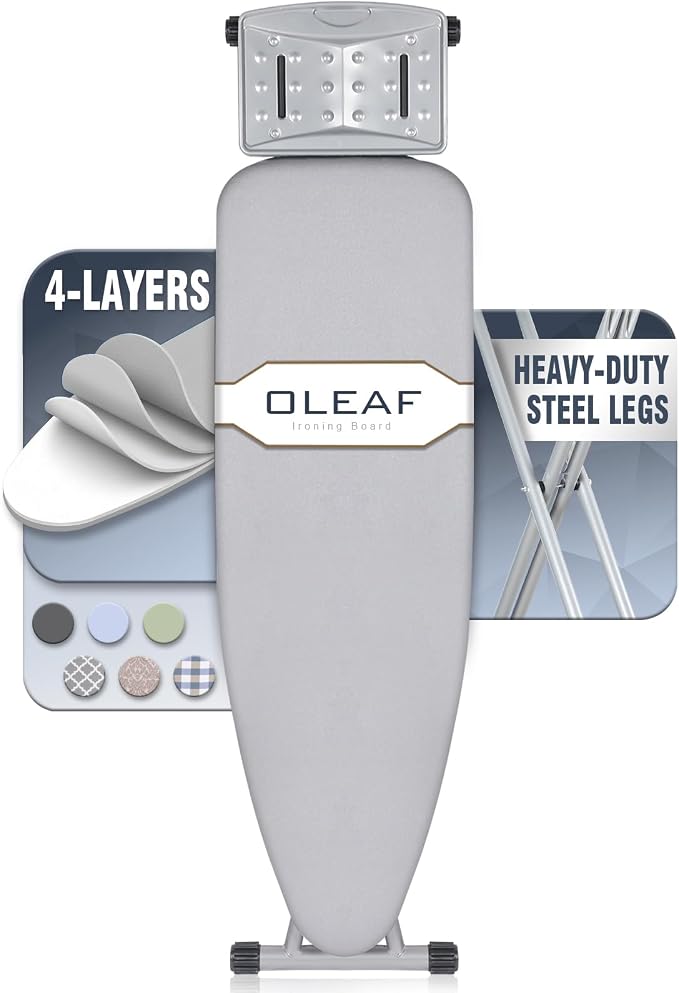 oleaf Ironing Board with Cover and Thicken Pad Height Adjustable Full Size Foldable Iron Board with Iron Rest, Stable Steel Legs, Metal Construction, Heat Resistant, Silver