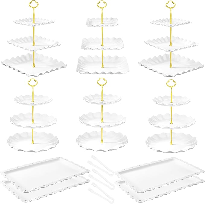 Dessert Table Display Set 13PCS, 3-Tier Cupcake Stand Set with Metal Gold Rods, 3 Round & 3 Square Dessert Stands, 4 Serving Trays & 3 Tongs for Wedding Birthday Baby Shower Party Decor