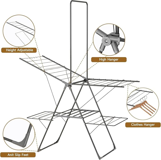 Bigzzia Clothes Drying Rack Foldable, 3-Level Large Laundry Drying Rack Collapsible, Stainless Steel Drying Rack Clothing for Indoor Outdoor, Easy to Fold, Drying Rails 68.9" H, Gray