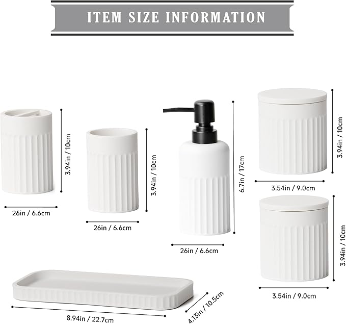 INIUNIK Bathroom Accessory Set - 6 Pieces Bathroom Accessories Set Complete with Soap Dispenser, Toothbrush Holders, Tumbler, Vanity Tray and 2 Qtip Holder for Home Organizer and Decor, White