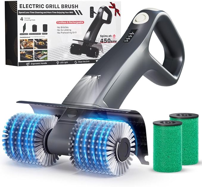 Electric Grill Brush Rechargeable, Dual Brush Heads Design Cordless Electric BBQ Grill Cleaner with Replaceable Head (Gray)