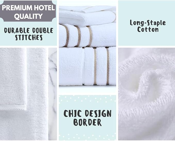 Bath Towels Set for Bathroom – Luxury 6-Piece Cotton Towels, Soft Absorbent & Quick Dry, 600 GSM Bath Towels for Bathroom, Hotel Spa Quality (White/Taupe, 6- Bath Towel Set)