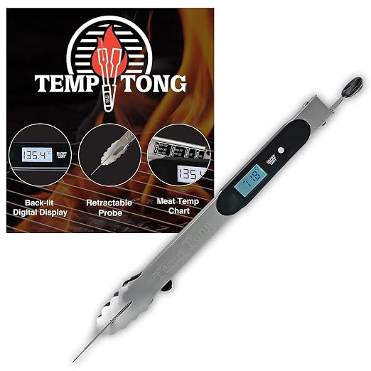 TempTong | Tongs Plus Thermometer | FDA Grade Stainless Steel | Great for BBQ or Grilling | Meat Thermometer | Heavy Duty | Silicone Grip