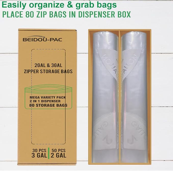 BEIDOU-PAC 80 Count Combo Large Storage Zip Bags, 2 Gallon & 3 Gallon Resealable Variety Pack With Organizer, Reclosable Clear Assorted Size Plastic Bags