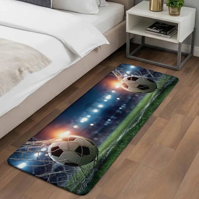 Football Bathroom Runner Rugs Non Slip Washable Absorbent Narrow Long Bath Mat Goal Net Soccer Sports Orange Blue Green Runner Rugs for Kitchen Hallway Bedroom Laundry Study Room 31.5"x63"