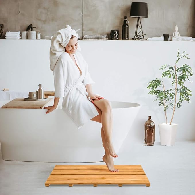 Bamboo Wooden Bath Floor Mat for Luxury Shower - Non-Slip Bathroom Waterproof Carpet for Indoor or Outdoor Use (31.3 x 18.1 x 1.5 Inches)