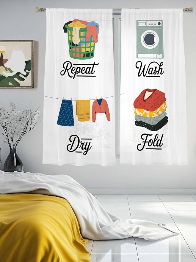 Laundry Room Sheer Curtains 72 Inch Length 2 Panels for Living Room, Wash Repeat Dry Fold Simple Drawn Voile Kitchen Curtain Set, Luxury Privacy Drapes Window Treatment for Bedroom
