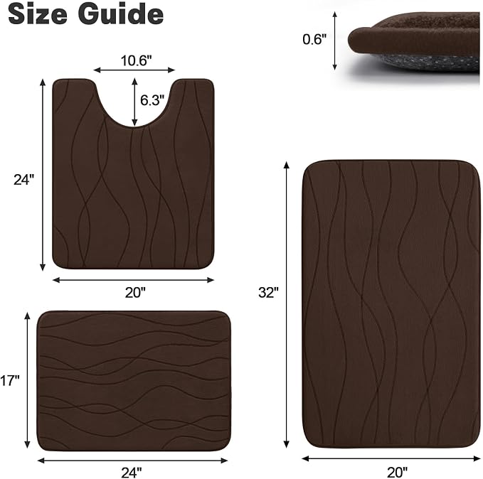 YIHOUSE Bathroom Rugs Set 3 Piece, Memory Foam Bath Mat Brown | Ultra Soft, Absorbent, Non-Slip, Machine Washable, for Bathroom, Sink and Toilet