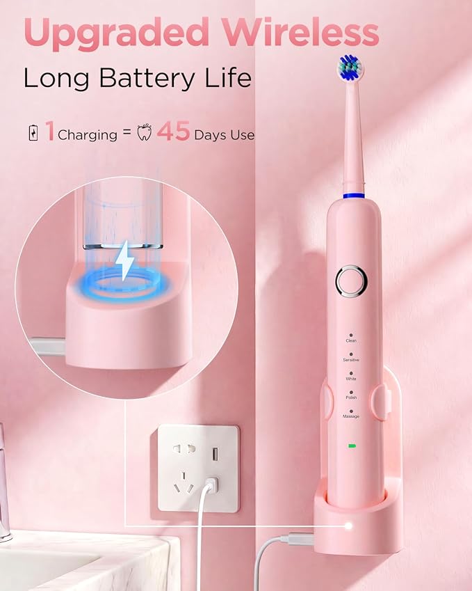 Rtauys Rotating Electric Toothbrush for Adults with 8 Brush Heads (2 Types), 5 Modes Rechargeable Power Toothbrush with Travel Case and 2 Minute Smrte Timer (Pink)