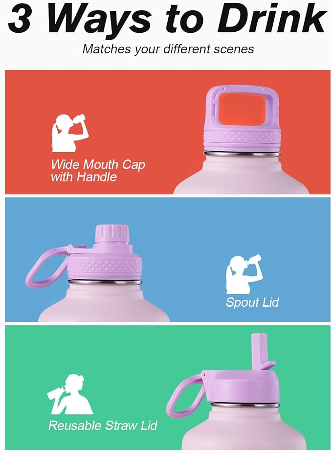 Coolflask Half Gallon Water Bottle Insulated with Straw & 3 Lids, 64 oz Water Jug Large Metal Stainless Steel Wide Mouth for Sports, Gym or Office, Non-BPA Keep Cold 48H Hot 24H, Pink