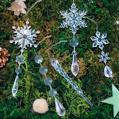 Crystal Christmas Tree Ornaments, Blue Acrylic Snowflake & Icicle, 32pcs