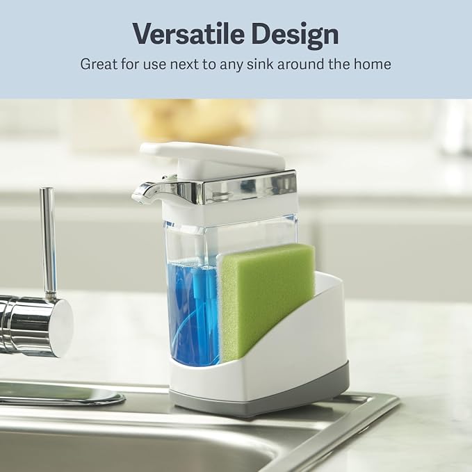 Casabella Sink Sider Solo Soap Pump and Sponge Caddy for Kitchen Sinks, Kitchen Sink Organizer Sponge Caddy and Soap Pump Combo, White