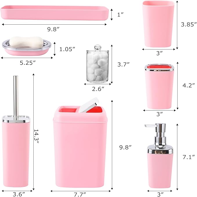 XLHOMO Bathroom Set, 9PC Bathroom Accessory Set, Pink Bathroom Accessories, Pink Bathroom Set, Trash Can, Soap Dispenser for Home Decor