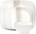 Corelle Vitrelle 18 Piece Glass Dinnerware Sets Rectangular Square Plate and Bowl Set Service for 6, Triple Layer Chip & Crack Resistant Glass Plate and Bowl Sets, Wandering Grove