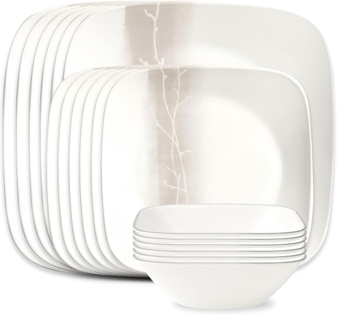Corelle Vitrelle 18 Piece Glass Dinnerware Sets Rectangular Square Plate and Bowl Set Service for 6, Triple Layer Chip & Crack Resistant Glass Plate and Bowl Sets, Wandering Grove