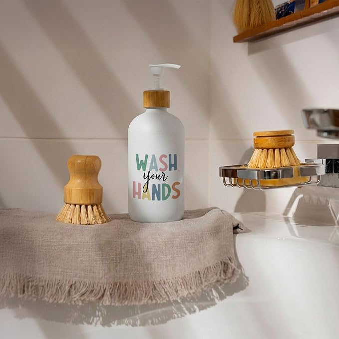Boho Kids Hand and Dish Soap Dispenser Set, Wash Your Hands & Dishes Glass Soap Dispenser, Hygiene Instruct Colorful Refillable Handsoap Pump Bottle for Bathroom Countertop Kitchen