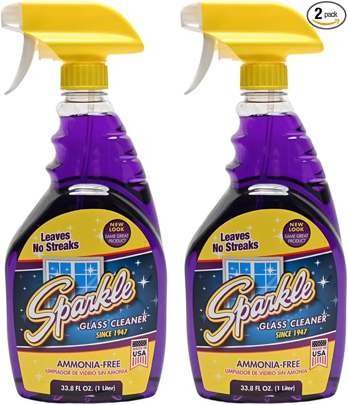 Sparkle Glass Cleaner, Ammonia-Free Streak-Free Formula, 33.8 fl oz Spray Bottle, Safe for Windows, Mirrors & Glass Surfaces (Pack of 2)