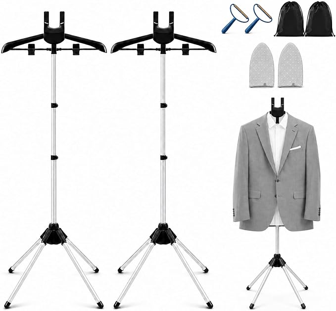 Garment Steamer Stand Set for Handheld Steamers, 33-63 Inch | Metal stand with 360 rotating hanger for shirts, suits and graduation gowns; includes 2 pads, 2 lint removers and 2 bags