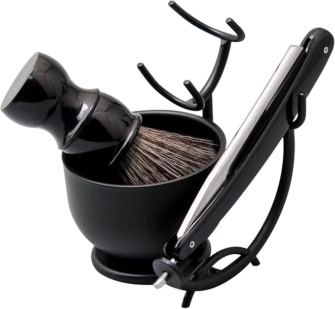 Grandslam Shaving Straight Razor Kit, Steel Cutthroat Straight Razor With Leather Strop, Shaving Brush, Stainless Steel Shaving Bowl and Stand, Shaving Soap, Gift for Men, Black…