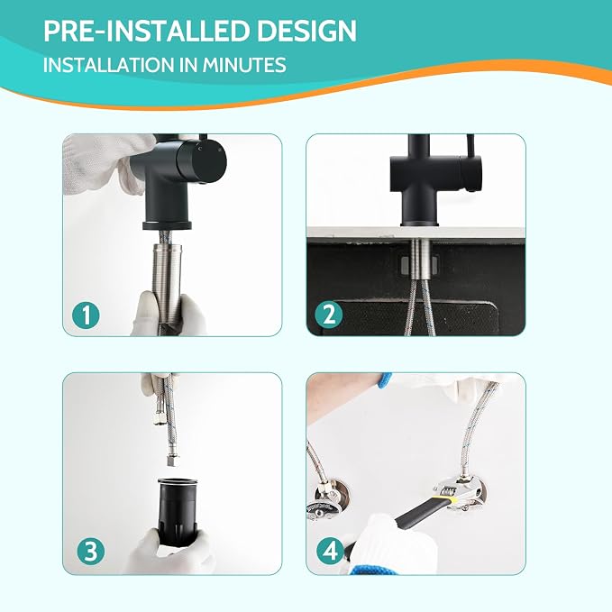 Kicimpro Matte Black LED Kitchen Faucet with Pull Down Sprayer, 304 Stainless Black Faucet for Kitchen Sink, Modern Single Handle High Arc Bar Kitchen Sink Faucet for One Hole Or Three Hole Sink