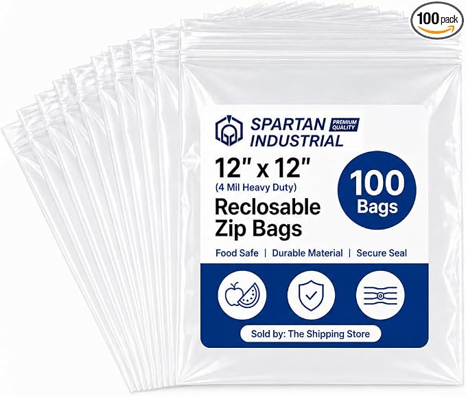 Spartan Industrial - 12" X 12" Heavy-Duty Square Plastic Zip Bags (100 Count) - 4 Mil Clear Resealable Plastic Bags for Clothes and Storage