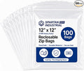 Spartan Industrial - 12" X 12" Heavy-Duty Square Plastic Zip Bags (100 Count) - 4 Mil Clear Resealable Plastic Bags for Clothes and Storage